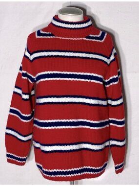 Handmade Knit Red White Blue Striped Turtleneck Sweater M
